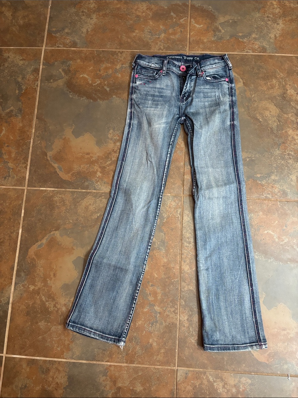 Cowgirl Tuff girls Faded Blue Flare Jeans with Pink Accents size 13